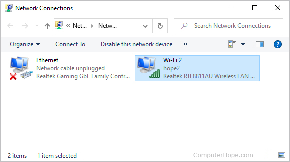 List of network connections in Windows 10.