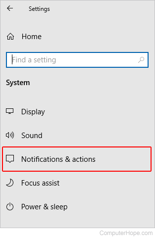 Notifications and actions selector.