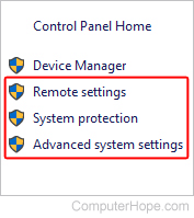 Menu used to open System Properties in Windows 10.