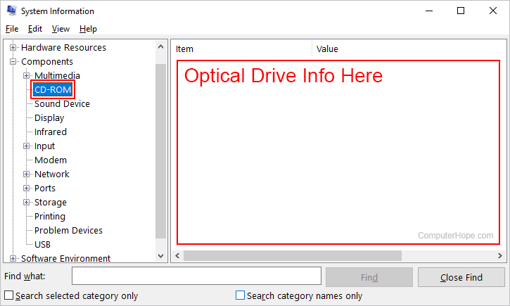 Optical drive information in Windows.