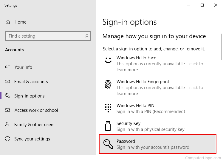 Changing the password in Windows 10.