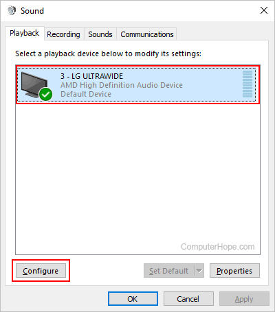 Configure button for sound in Windows.