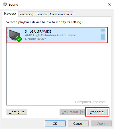Properties button under the playback tab in Windows.