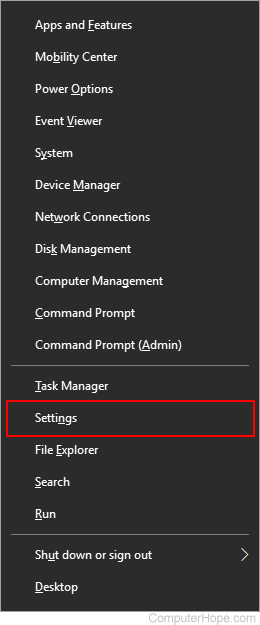 Settings selector on Windows Power User menu.