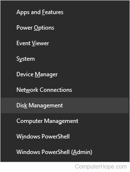 Power User Tasks Menu, Disk Management option.