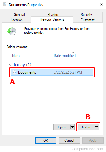 Restoring a previous version of a folder in Windows.