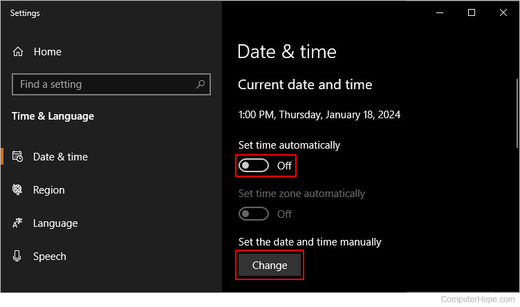 Changing the date and time in Windows.