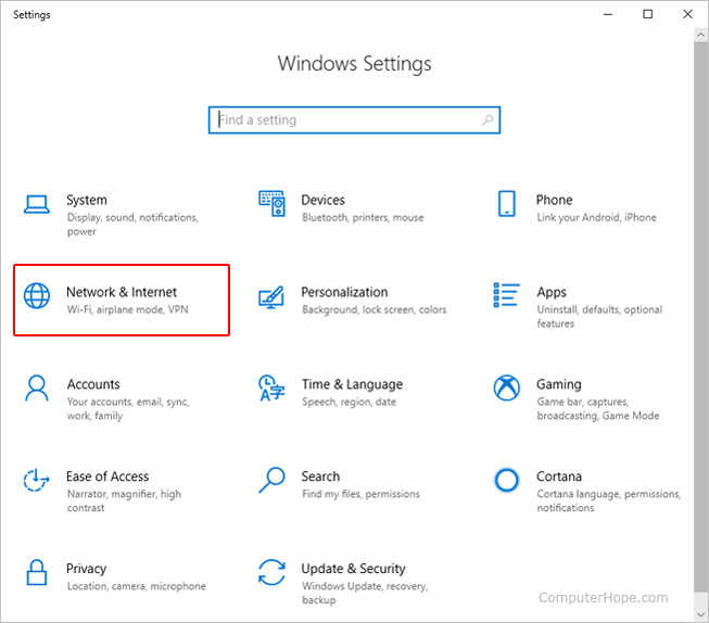 Network & Internet selector in Windows 10.
