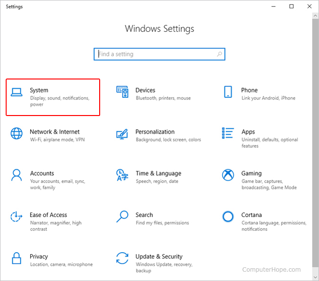 System selector in Windows Settings.