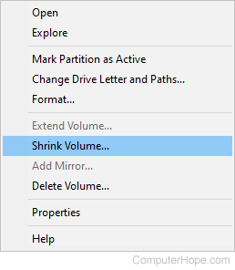 Shrink Volume selector in Windows 10.