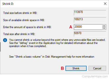 Shrinking a partition using Windows Disk Management.