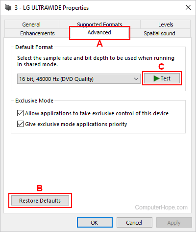 Restoring default sound settings in Windows.