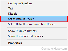 Setting speakers as the default output device in Windows.