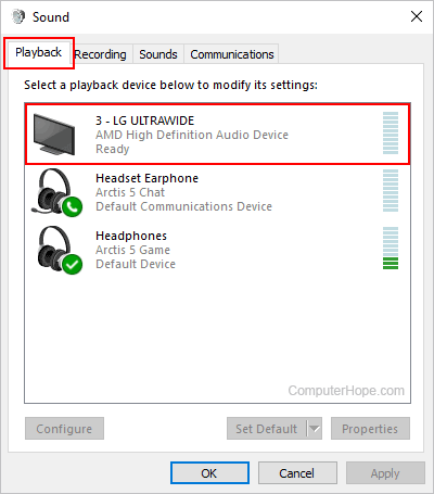 Selecting speakers in Windows.