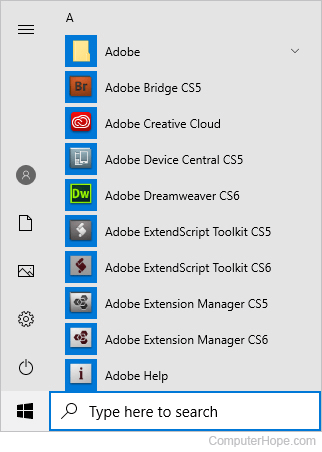 Start menu programs in Windows 10.