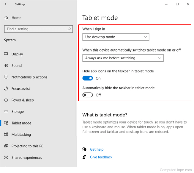 Tablet mode options in Windows 10