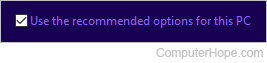Checkbox for using the recommended installation options for Windows.
