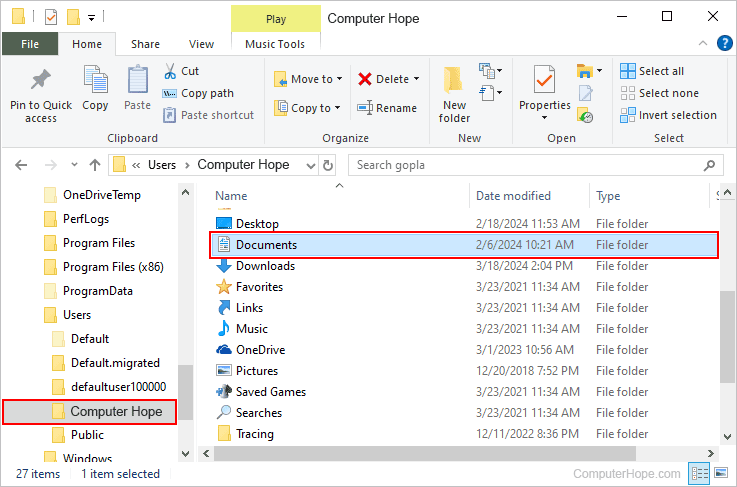 User-specific documents folder in Windows.