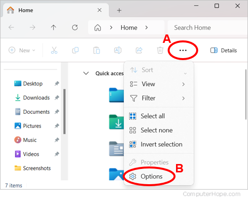Accessing folder options in Windows 11 File Explorer.