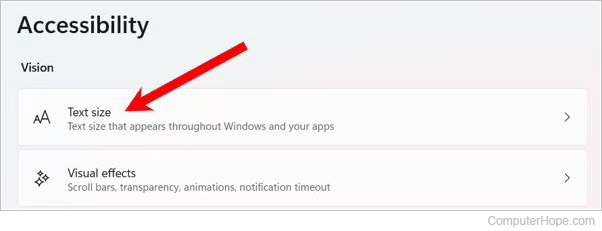 Text size option in Windows 11 Accessibility settings.