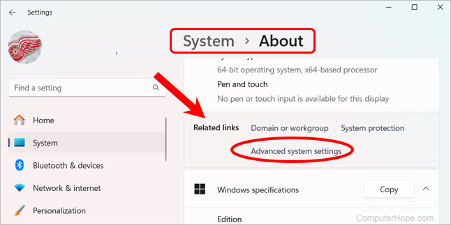 Advanced system settings link in Windows 11.