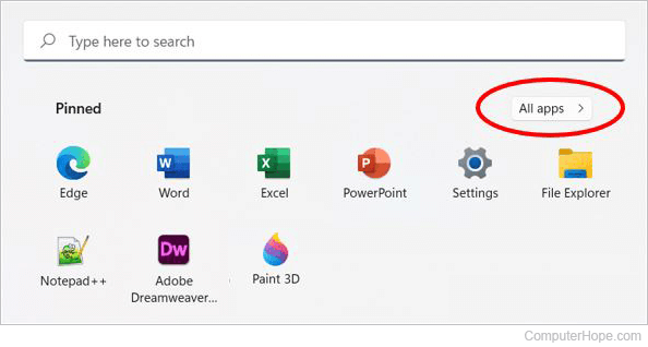 All apps button in Windows 11 Start menu.