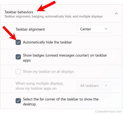 Enabling the autohide feature for the Taskbar in Windows 11.