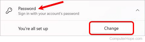 Change password button in Windows 11.