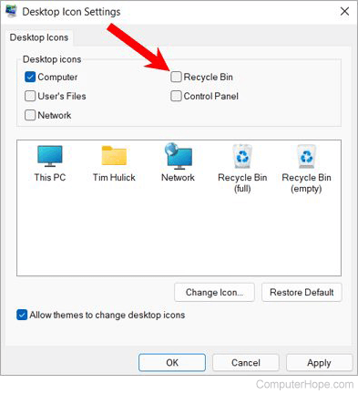 Windows 11 Desktop icon settings - displays Recycle Bin