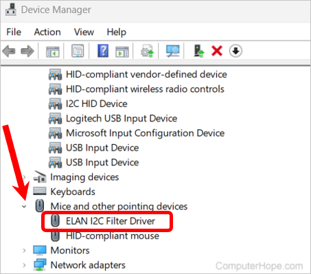 Windows 11 Device Manager window, Mice and other pointing devices section expanded.