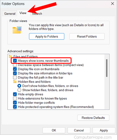 Disable thumbnail file displaying in Windows 11 folder properties.
