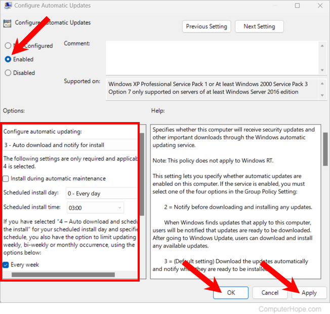 Enable and configure automatic updates for Windows 10 and 11 in Group Policy Editor.