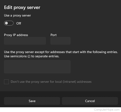 Windows 11 edit proxy server box with toggle switch to turn on and off a proxy and proxy ip address and port fields.