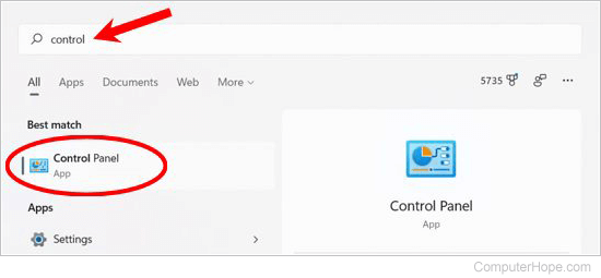 Searching in Windows 11 search box for Control Panel