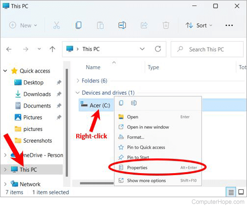 Accessing a drive's properties in the Windows 11 File Explorer