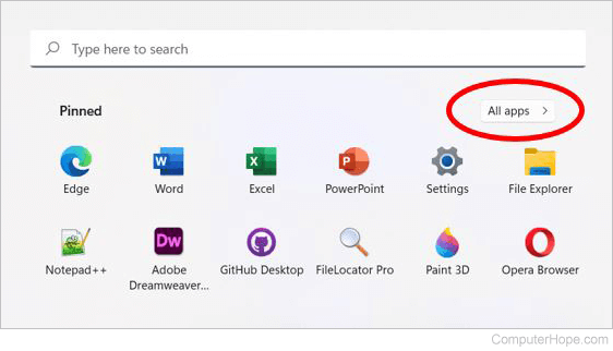 Windows 11 Start menu - All apps option.