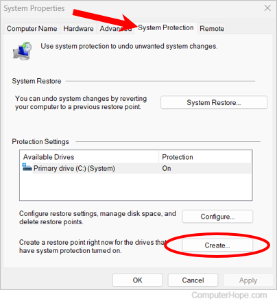 Windows 11 restore point Create button.