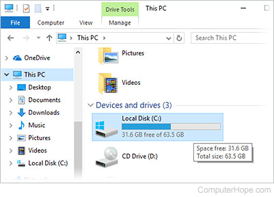 Checking free disk space in Windows File Explorer