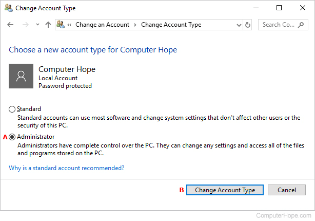 Changing an account in Windows 10.