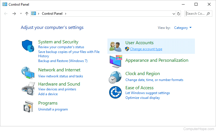 Change account type link in Windows 10.