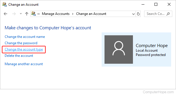 Change account type selector in Windows 10.