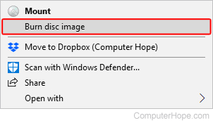 Option to burn a Windows disc image.