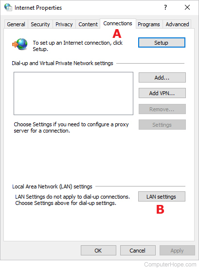 Accessing LAN (local area network) settings in Windows.