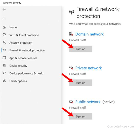 Select network profile to turn on Windows firewall