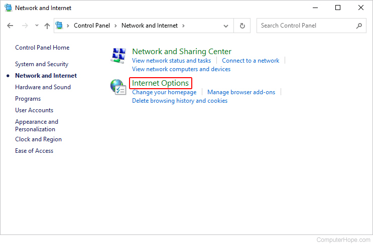 Internet Options selector in Windows.
