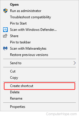 Selector used to create a shortcut in Microsoft Windows.