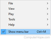 Windows media player menu bar