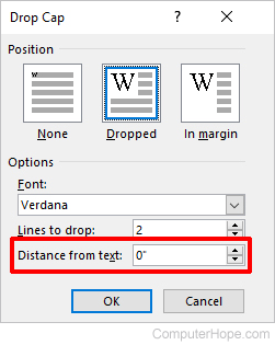 Word drop cap distance from text setting