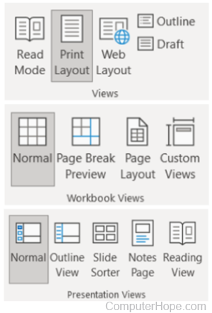 Microsoft Word, Excel, and PowerPoint views