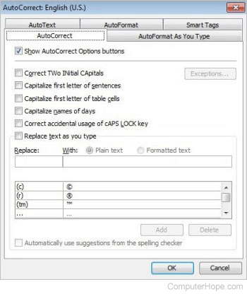 Microsoft Excel AutoCorrect settings
